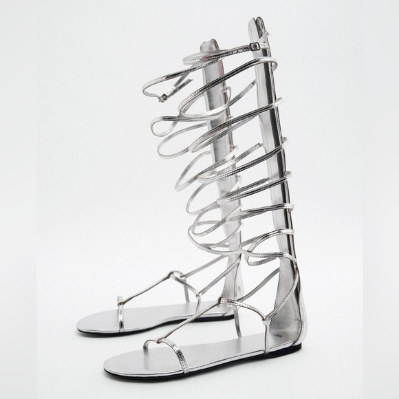 NEW Zara Tall Mid Calf Metallic Silver Gladiator Strappy Sandals 1615/010 - Picture 6 of 12